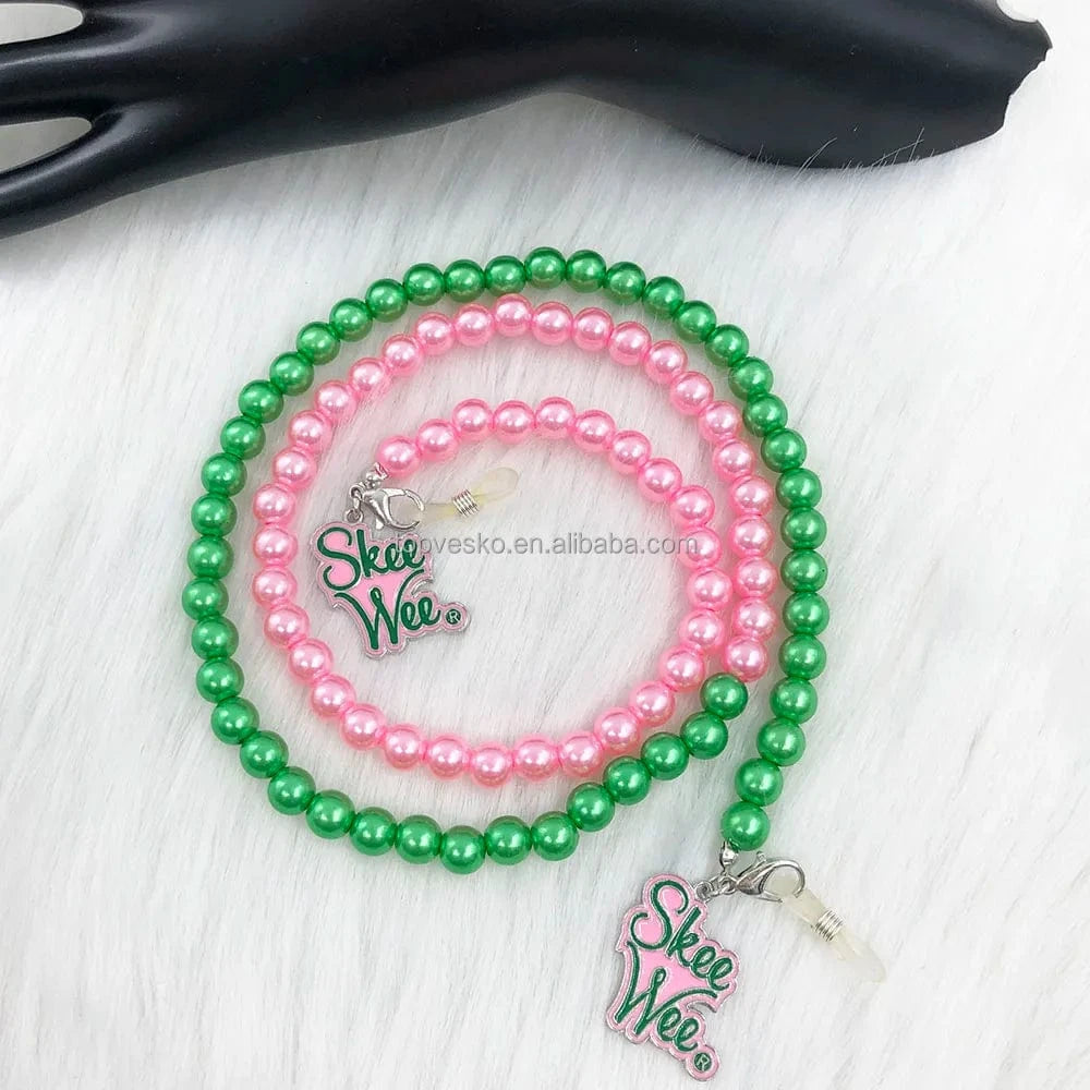 Pink Green Handmade Greek Pink Green Pearl Sorority Letter Charms Long Style Fashion Eyeglasses Reading Glasses Chain Cord Holder