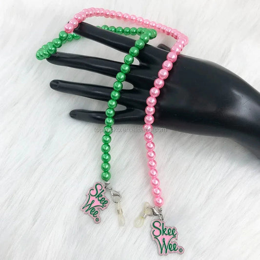 Pink Green Handmade Greek Pink Green Pearl Sorority Letter Charms Long Style Fashion Eyeglasses Reading Glasses Chain Cord Holder