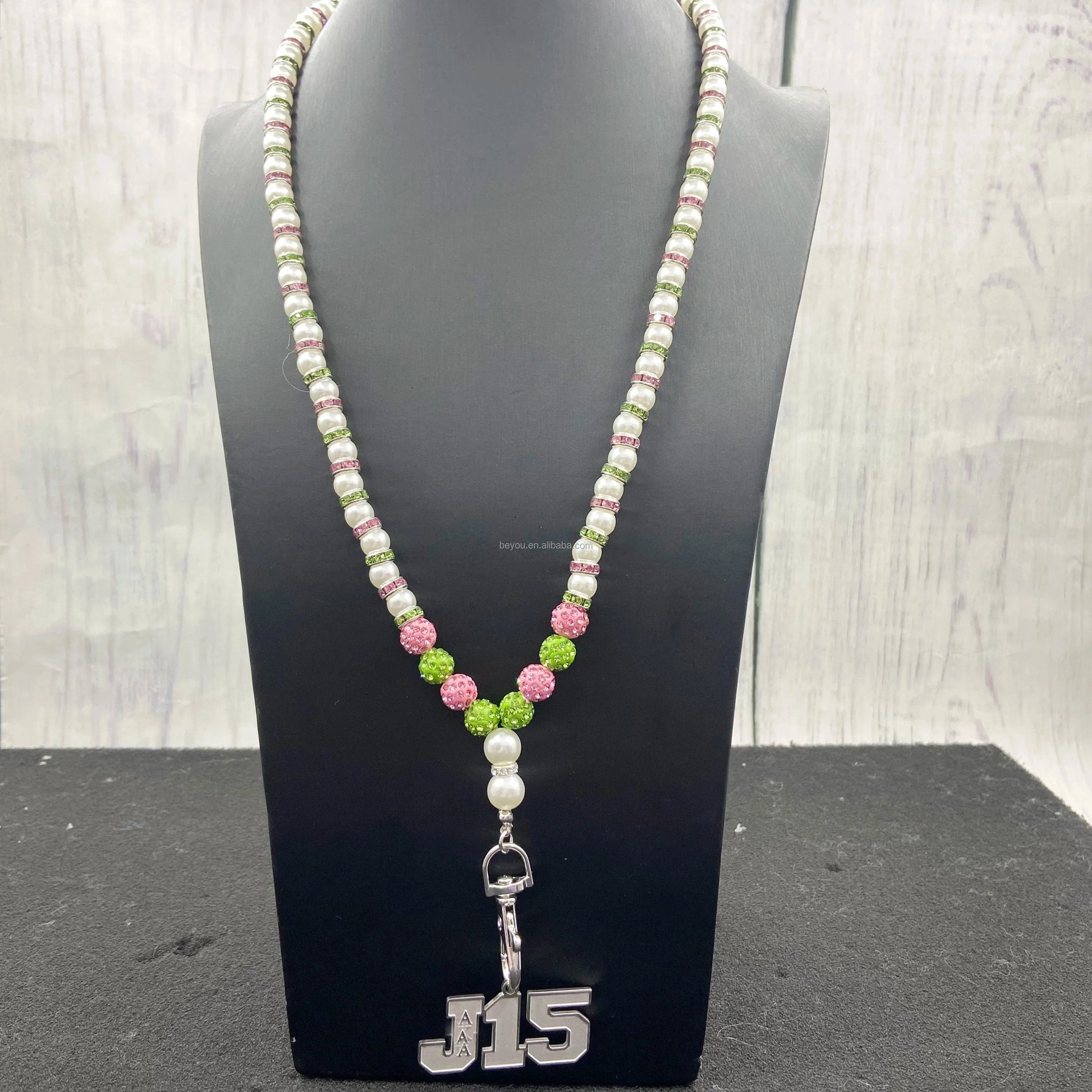 Pink Green Shining Beads White Pearl Necklace Keychain Lock Custom Stainless Steel Shield Pendant Necklace Jewelry for Women