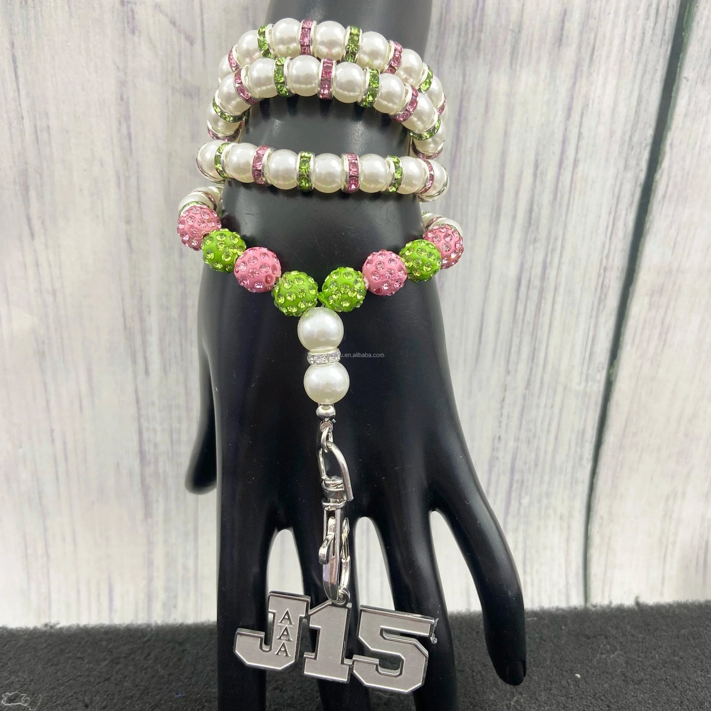 Pink Green Shining Beads White Pearl Necklace Keychain Lock Custom Stainless Steel Shield Pendant Necklace Jewelry for Women