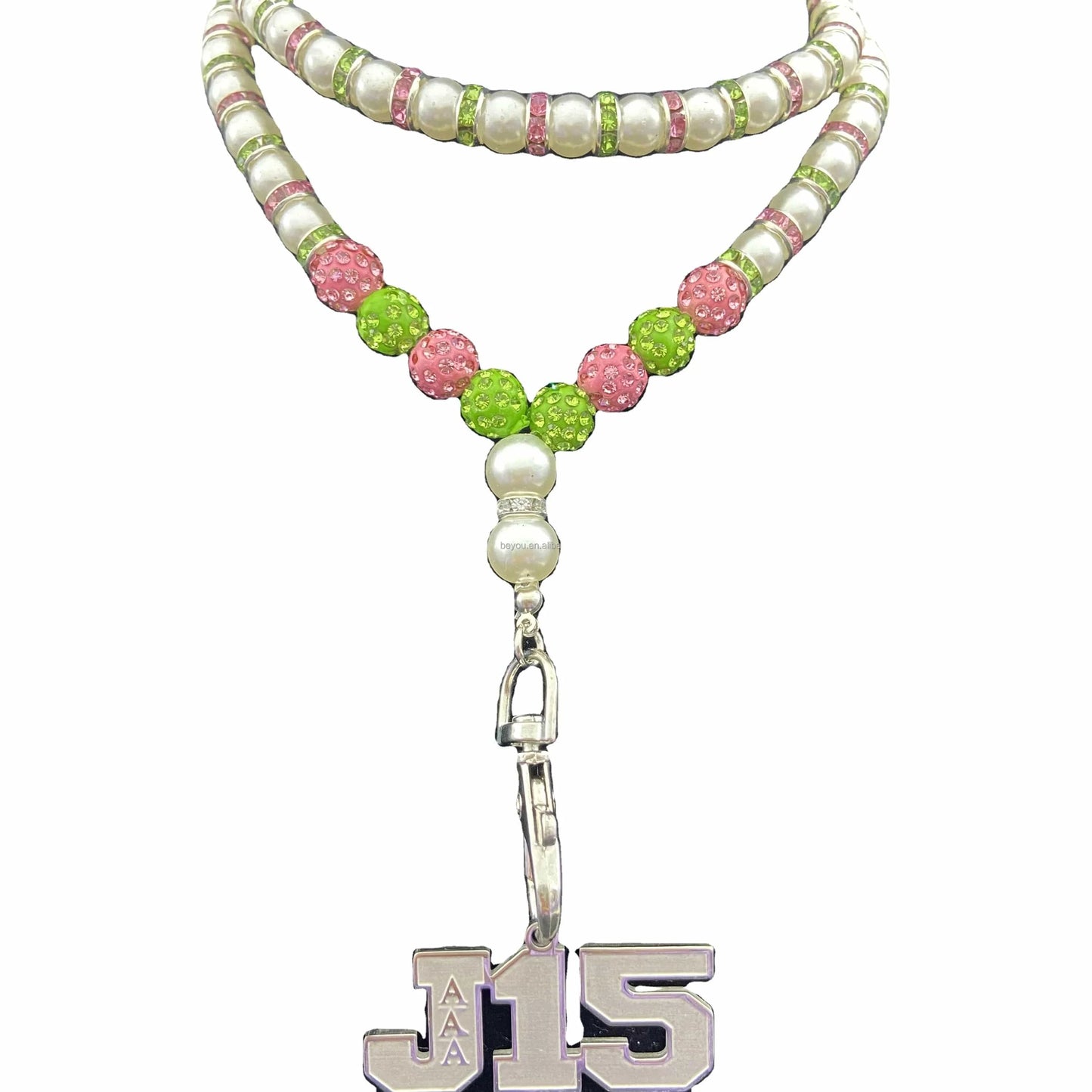 Pink Green Shining Beads White Pearl Necklace Keychain Lock Custom Stainless Steel Shield Pendant Necklace Jewelry for Women