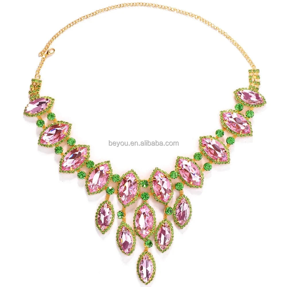 Pink Green Silver Gold Plated Water Drop Shaped Necklace Luxurious Rhinestone Decorated Statement Women' Party Jewelry