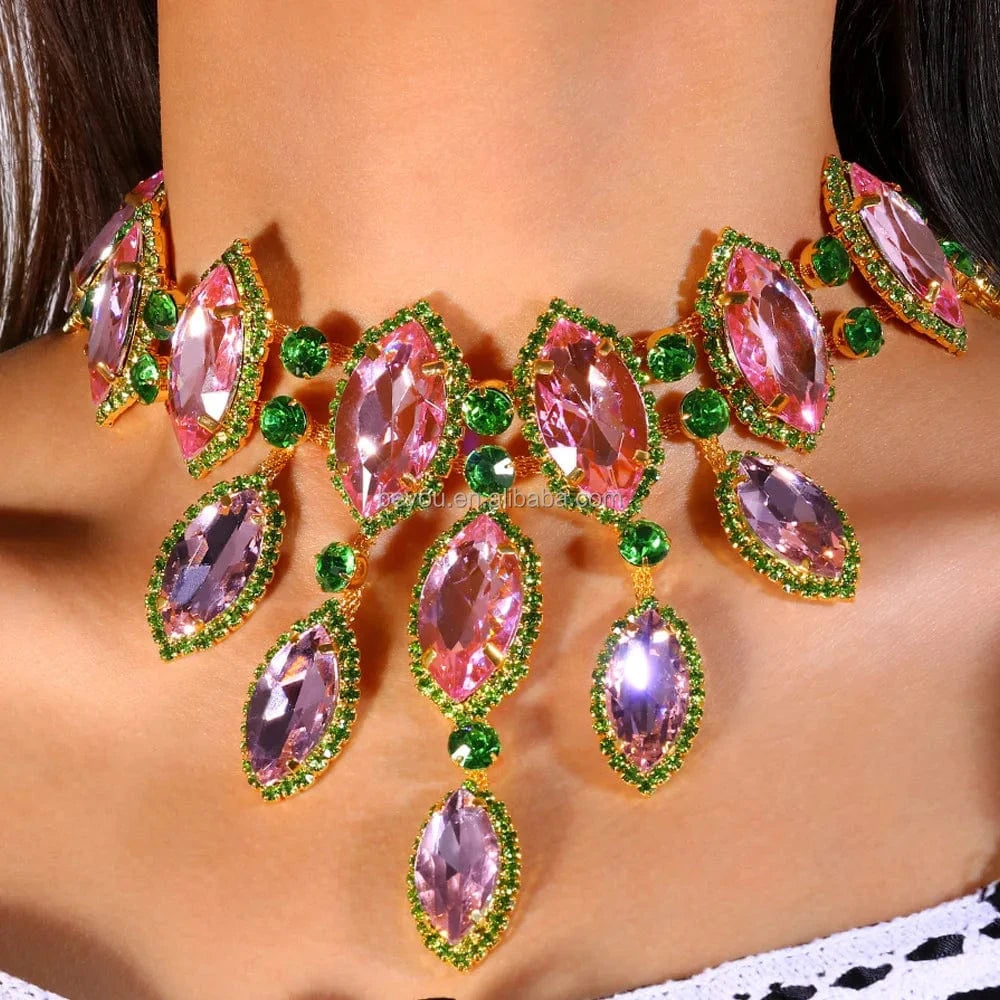 Pink Green Silver Gold Plated Water Drop Shaped Necklace Luxurious Rhinestone Decorated Statement Women' Party Jewelry