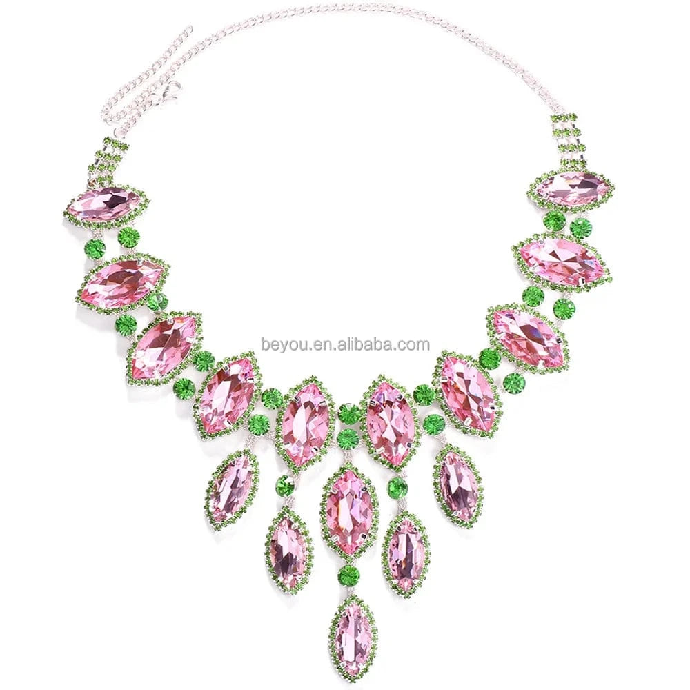 Pink Green Silver Gold Plated Water Drop Shaped Necklace Luxurious Rhinestone Decorated Statement Women' Party Jewelry