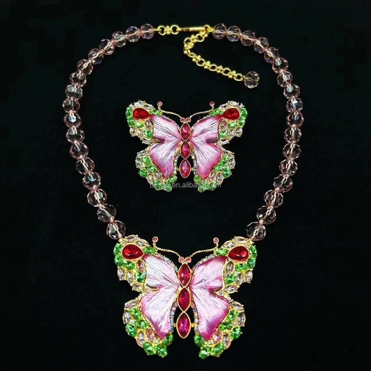 Pink Green Vintage Design Ornate Colorful Butterfly Dopamine Brooch Pin Glass Crystal Light Luxury Necklace Women's Jewelry Gift