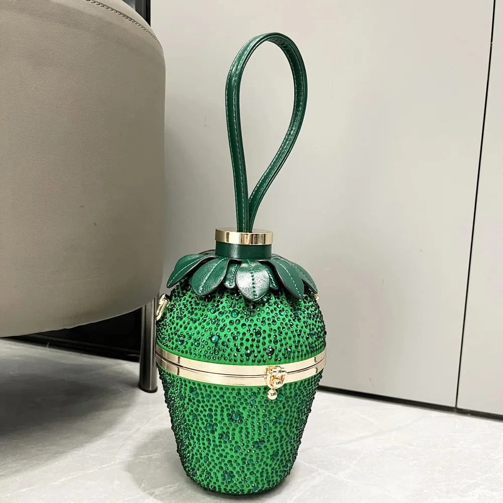 Pink Green Woman Evening Clutch Bag Rhinestone Strawberry Purse Luxury Designer Handle Shoulder Bucket Handbag Wedding Banquet