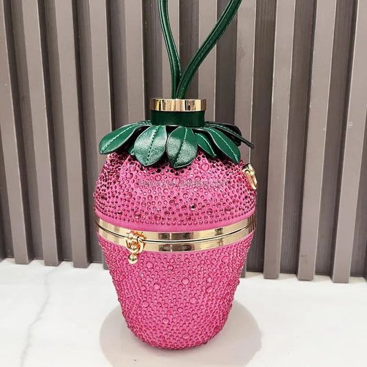 Pink Green Woman Evening Clutch Bag Rhinestone Strawberry Purse Luxury Designer Handle Shoulder Bucket Handbag Wedding Banquet