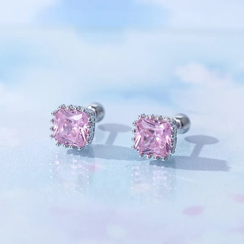 Pink Hot Sale Simple Fashion Pure 925 Sterling Silver jewelry Colorful square Shaped Zircon Stud Earring For Women Girls Gifts