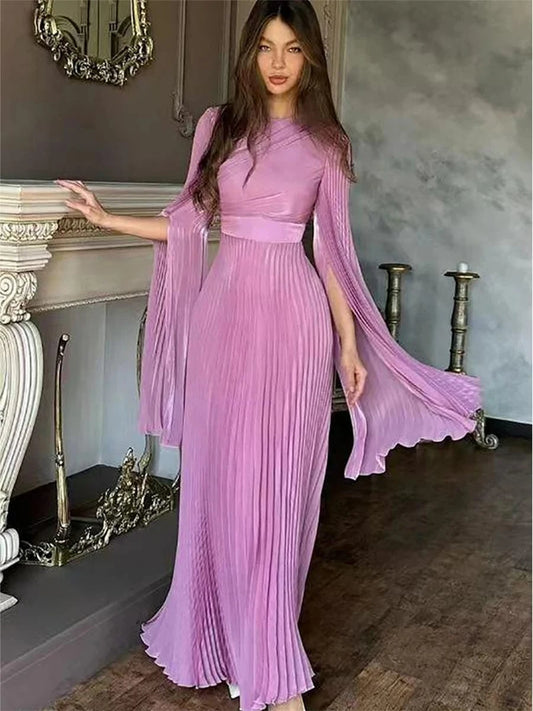 Pink / L / CHINA New Women's Solid Color Belted O-Neck Long Sleeve Fairy Elegant Pleated Flowy Ankle-Length Dress Luxurious Evening Party Dress