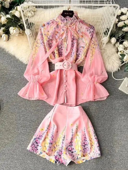 Pink / L / CN Women's Outfits Bright Silk Chiffon Shirt Blouse Top + Belt Shorts Two Piece Sets Summer Holidays Lavender Flower Shorts Suit
