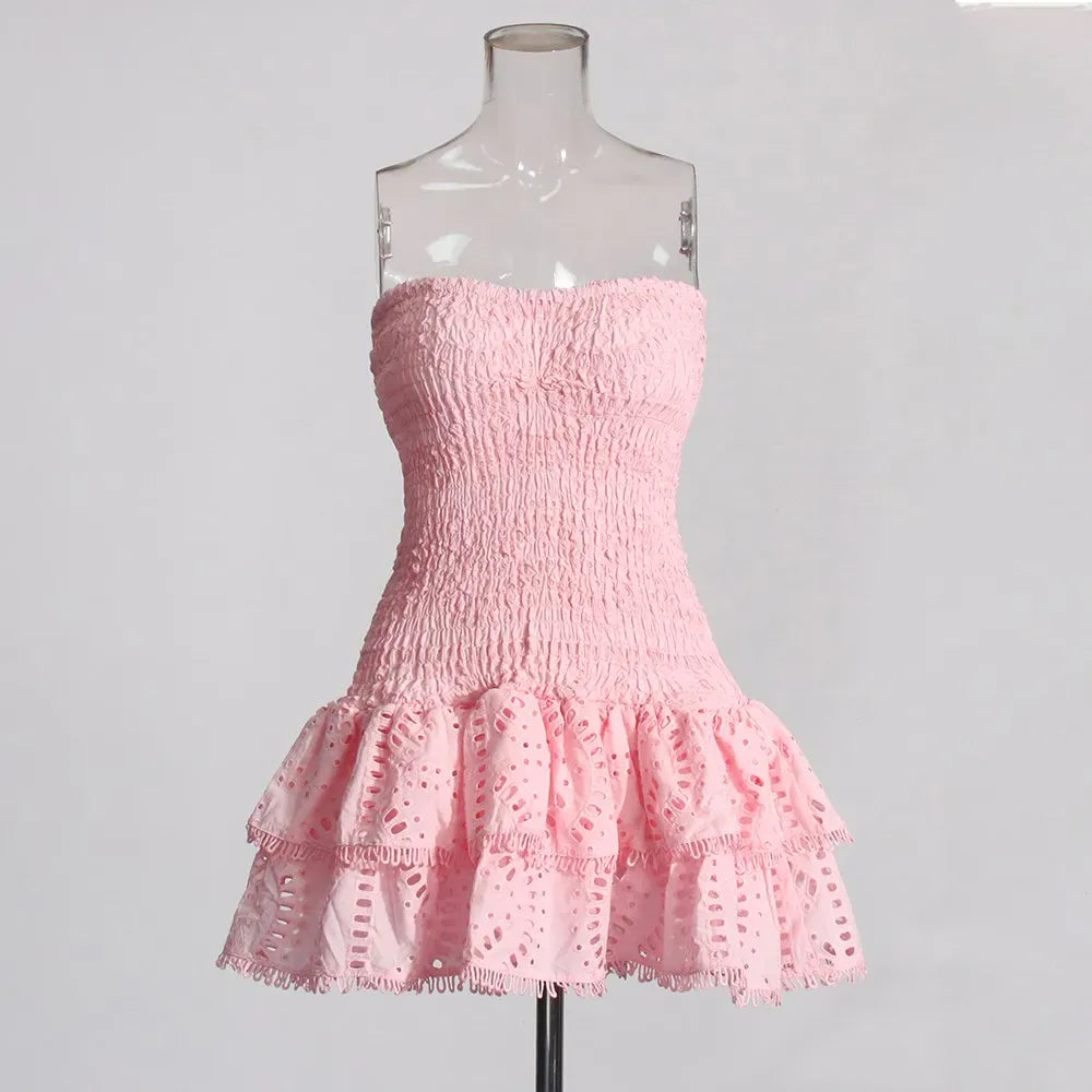 PINK / L TWOTWINSTYLE Hit Color Dresses For Women Strapless Sleeveless High Waist Slimming Sexy Mini Folds Dress Female Fashion Clothing