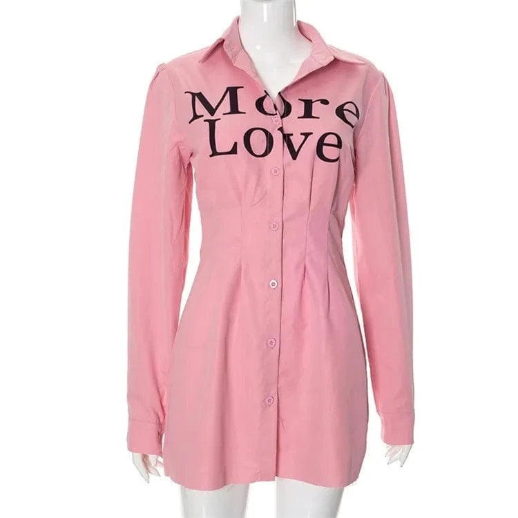 Pink Letter Print Women Shirt Dress Party Club Clothing 2024 Casual Buttons Long Sleeve Bodycon Short Dress