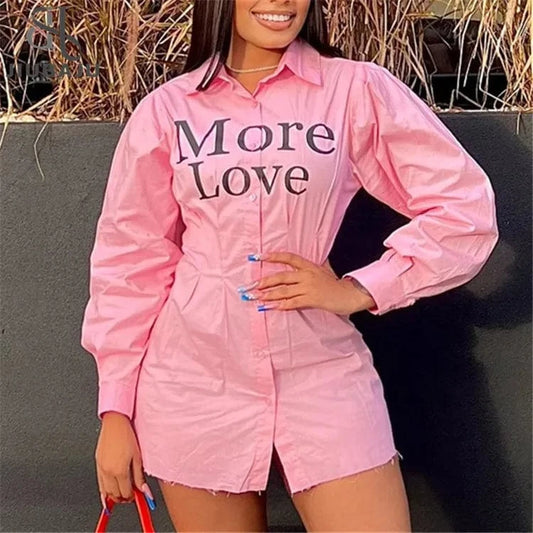 Pink Letter Print Women Shirt Dress Party Club Clothing 2024 Casual Buttons Long Sleeve Bodycon Short Dress