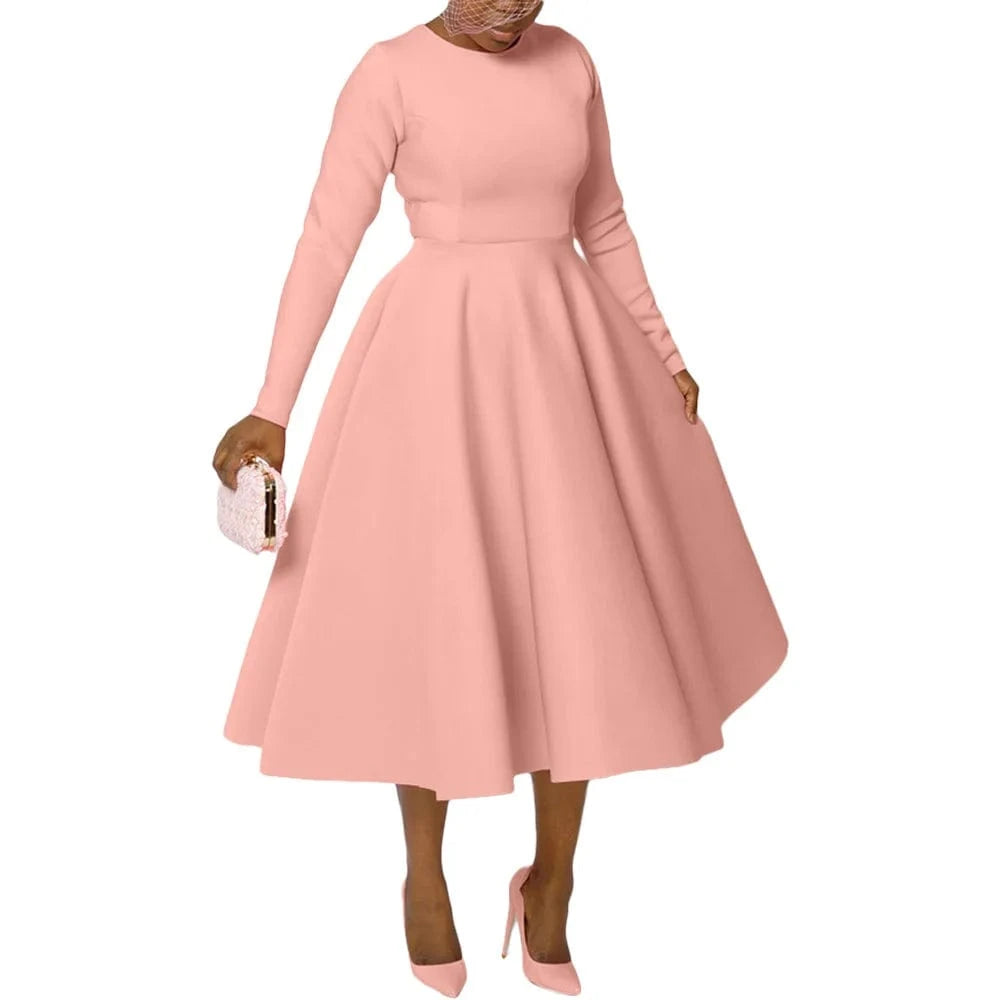 Pink / M Elegant Church Dresses for Woman 2025 Fall Long Sleeve O Neck High Waisted A-Line Midi Calf Party Cocktail Dress with Pockets