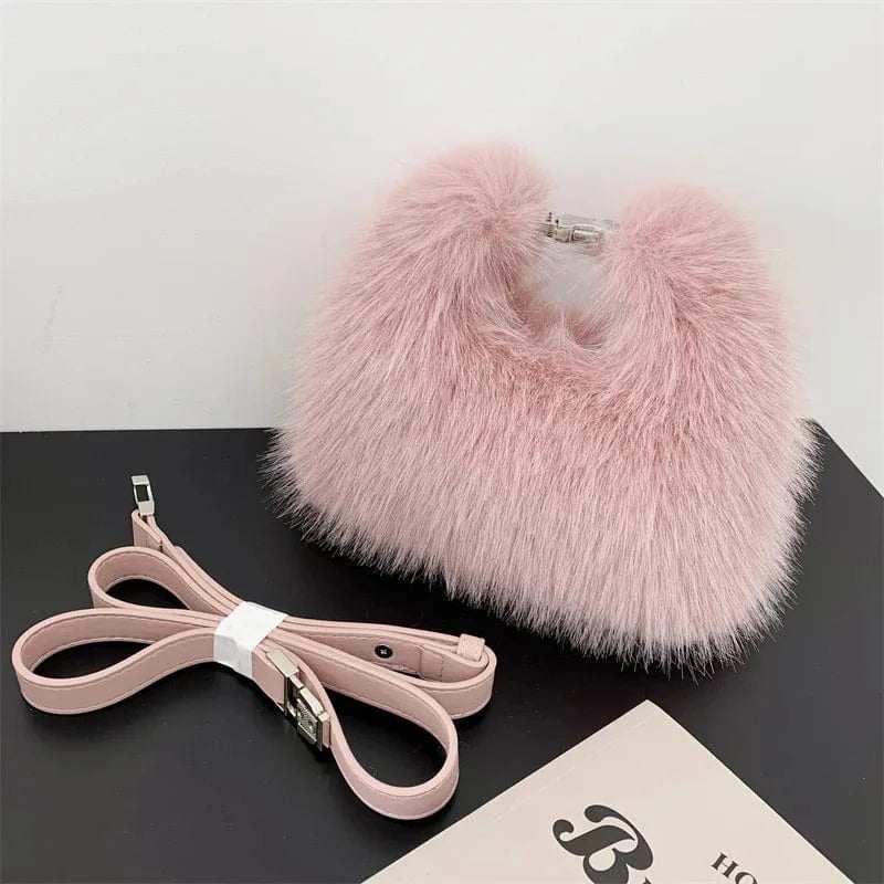 pink New designer gift wedding fashion party cute hand bag handbags women luxury fox tote furry purse faux fur handbags