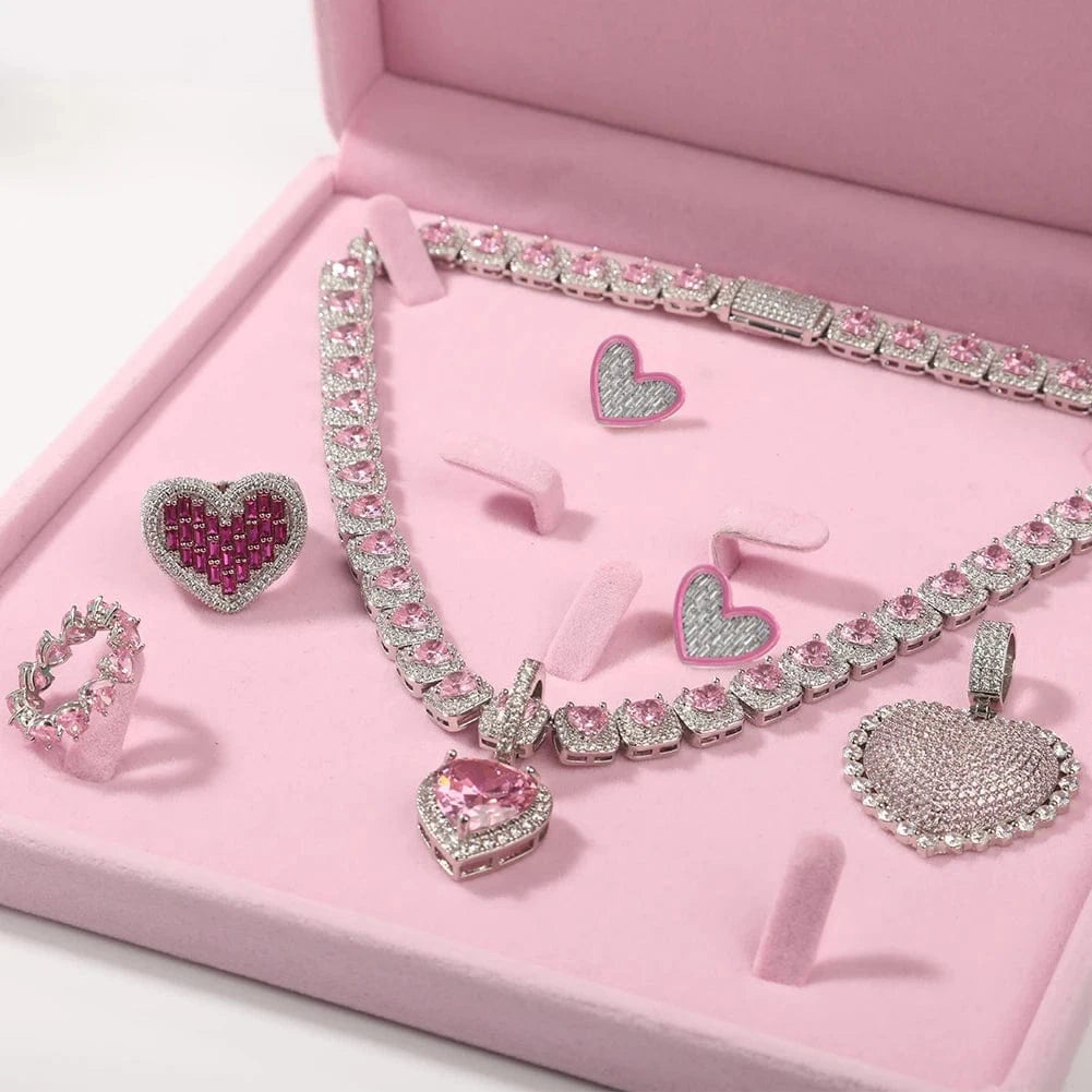 Pink Oil Earrings / silver UWIN Pink CZ Heart Shape Chain Pendant Iced Pink Oil Earring Hiphop Women Necklace Rapper Fashion Jewelry Set