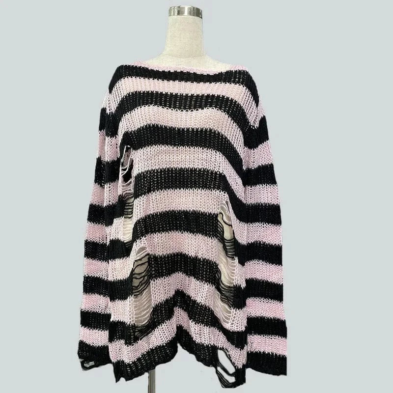 Pink / One Size 90s Goth Punk Women Street Fashion Stripe Loose Gothic Knitted Ripped Distressed Design Jumper Oversized Pullovers Top Sweater