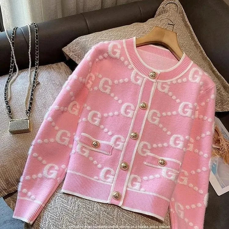 Pink / S Autumn Winter Sweet Buttons O-neck Sweater Femme Fashion Letter Patchwork Knitting Cardigan Fashionable Coat Top Tee Women's