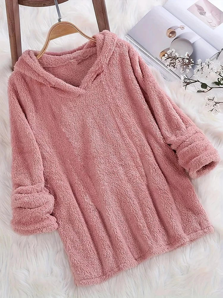 Pink / S Fleece Solid Colour Hoodie Casual Long-Sleeved Hooded Sweatshirt Women's Autumn And Winter New Models 2024 Warm Solid Colour