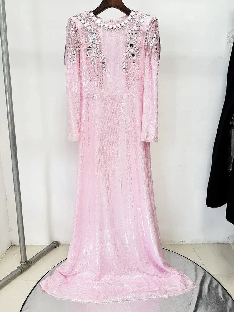 Pink / S HIGH STREET Newest Fashion 2025 Designer Party Vestido Women's Beaded sequined Gauze Long Maxi Dress