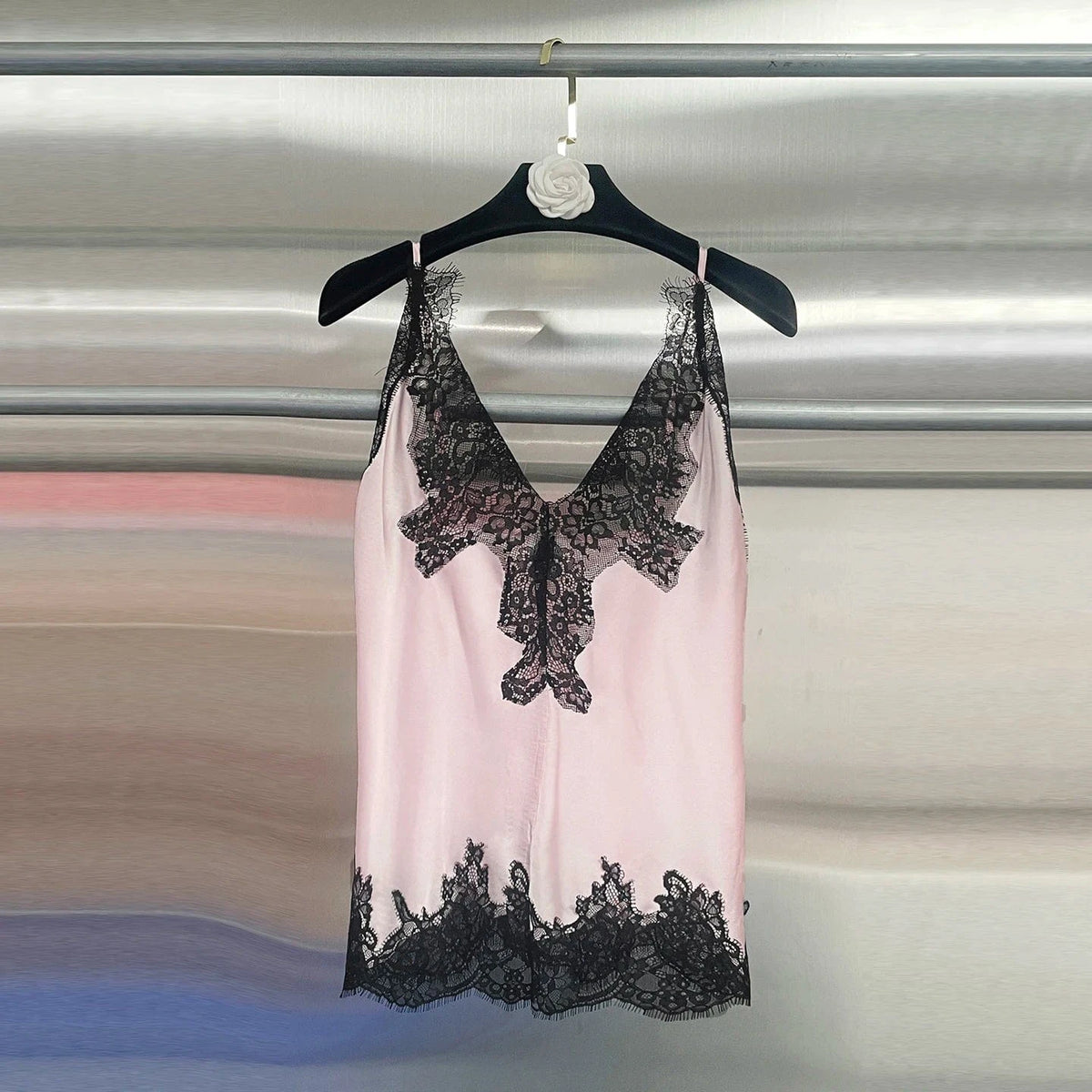 PINK / S VGH Sexy Loose Patchowrk Lace Vest for Women V Neck Sleeveless Backless Temperament Home Style Tank Top Female Summer Clothing