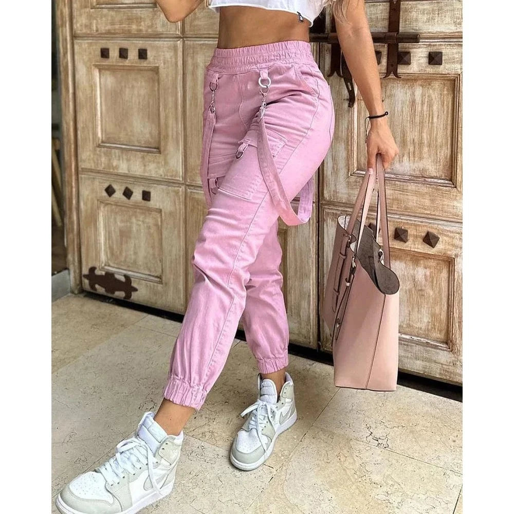 Pink / S Women's Cargo Pants Casual Trousers 2024 Spring Autumn Solid Color Trend Street Pocket Design Cuff Suspenders Streetwear Women