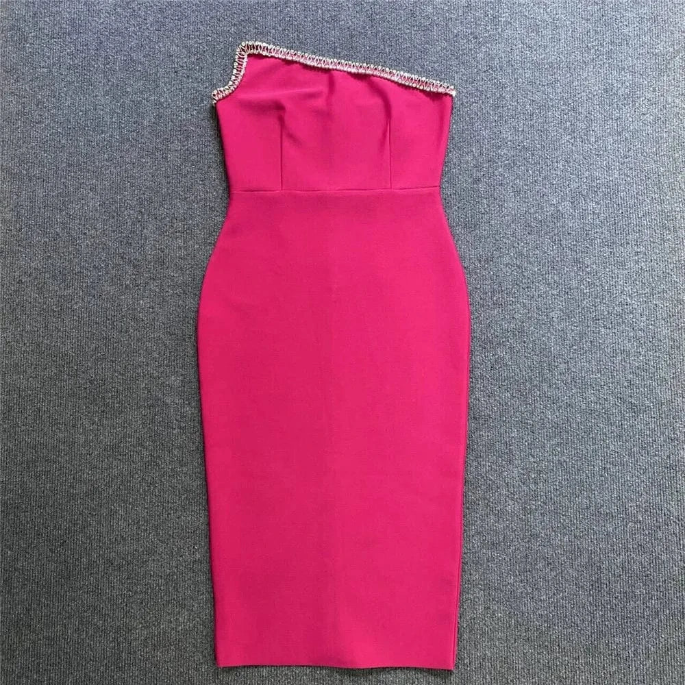 Pink Sequin Single Shoulder Women Bandage Dress Summer 2024 Strapless Wrap Hip Split Party Dresses New Elegant Outfits