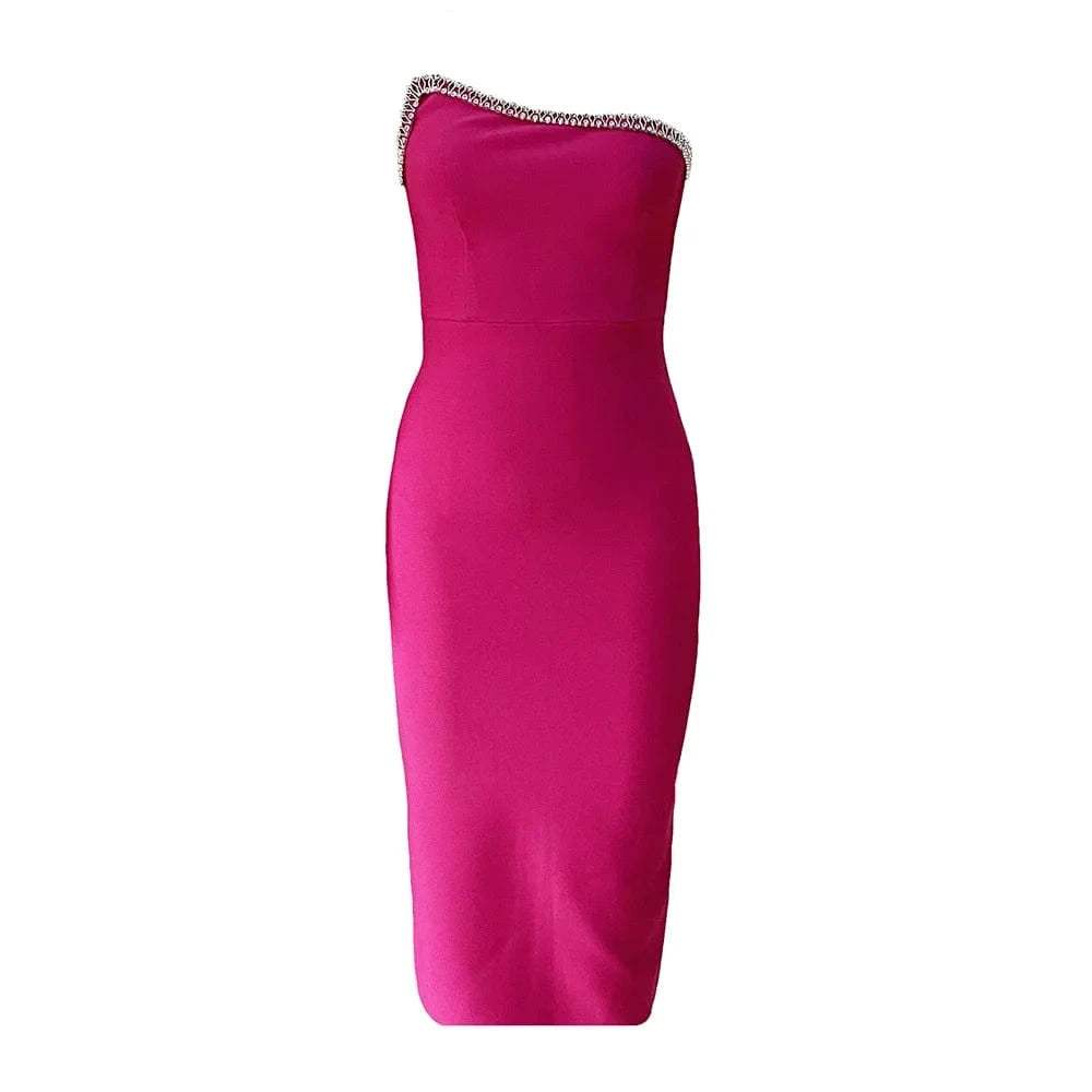 Pink Sequin Single Shoulder Women Bandage Dress Summer 2024 Strapless Wrap Hip Split Party Dresses New Elegant Outfits