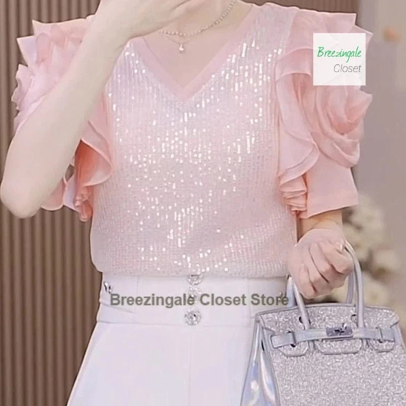 Pink shirt / XXXL French luxury sequins ruffled chiffon stitching short-sleeved T-shirt women's summer new flower mesh western-style blouse