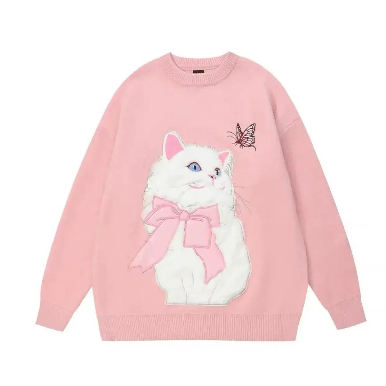 Pink simple round neck sweater women wear new dopamine in autumn and winter flocking cute cat design soft milk sweater top. - SN Wigs & More