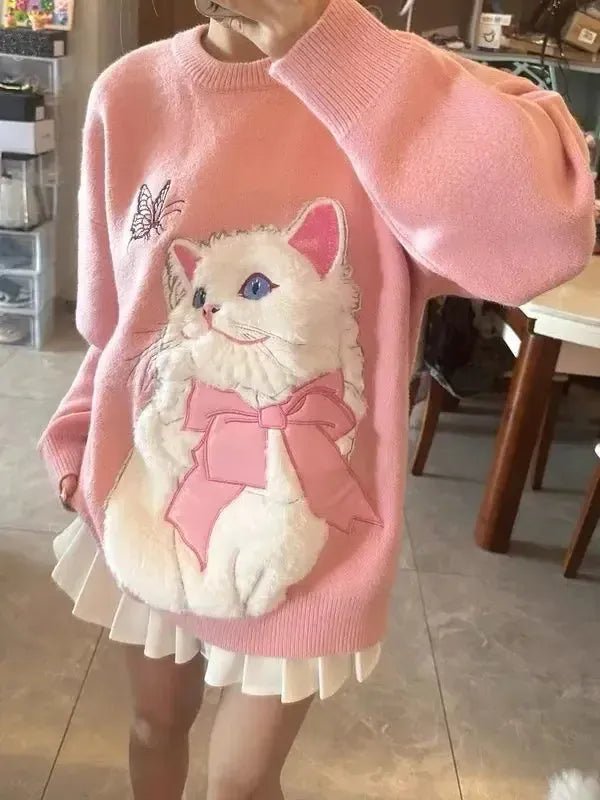 Pink simple round neck sweater women wear new dopamine in autumn and winter flocking cute cat design soft milk sweater top. - SN Wigs & More