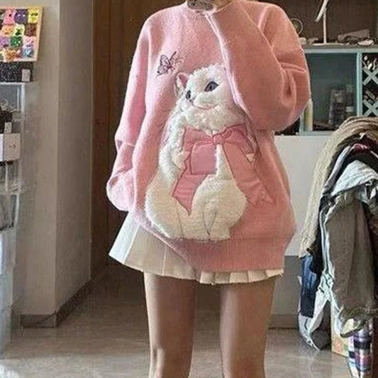 Pink simple round neck sweater women wear new dopamine in autumn and winter flocking cute cat design soft milk sweater top. - SN Wigs & More
