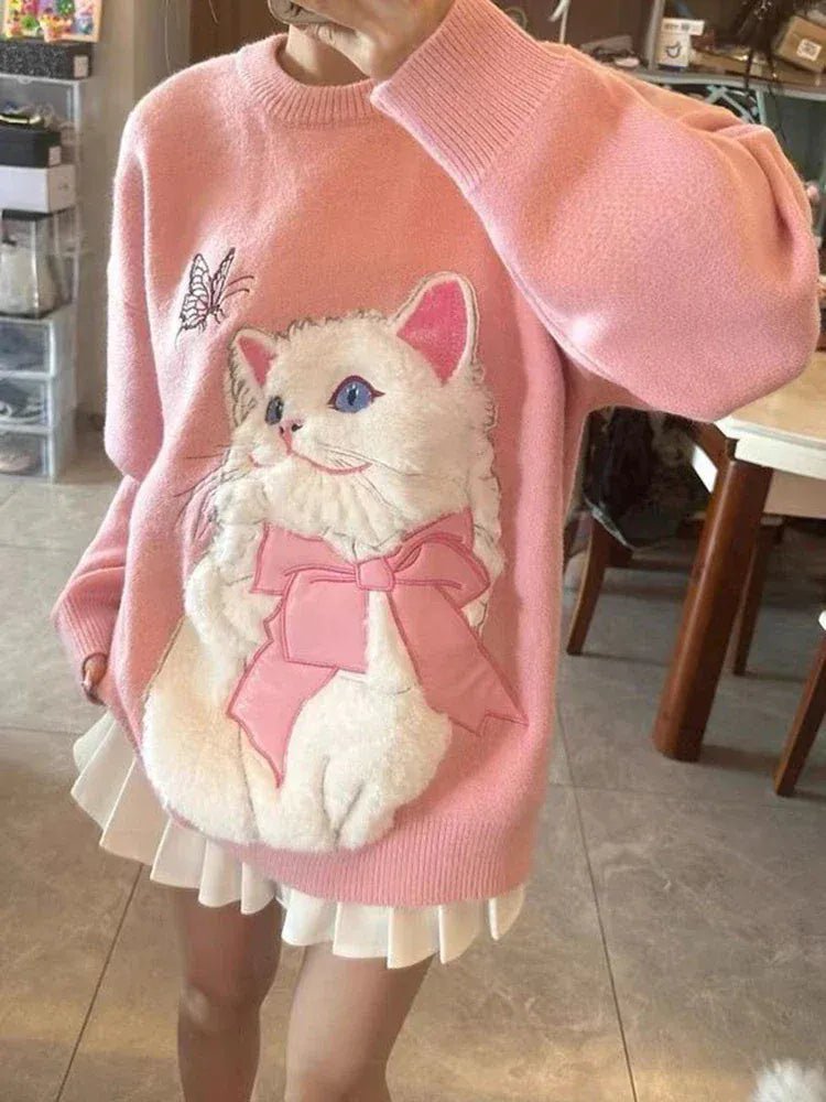 Pink simple round neck sweater women wear new dopamine in autumn and winter flocking cute cat design soft milk sweater top. - SN Wigs & More