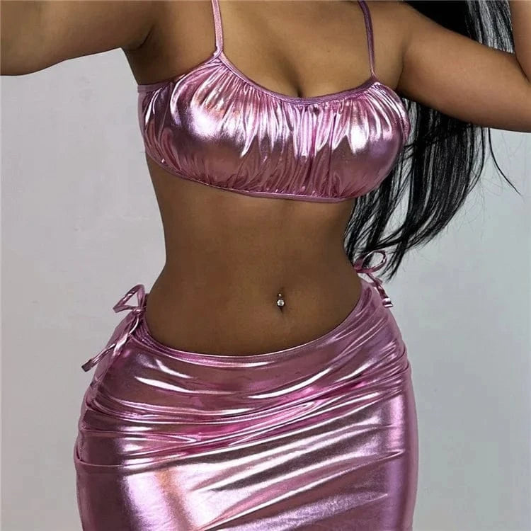 Pink Skirt PU Faux Leather Bikinis Sets Women Sexy Pleated Push Up Cover Up 3 Piece Swimsuit 2024 Summer Bathing Suit