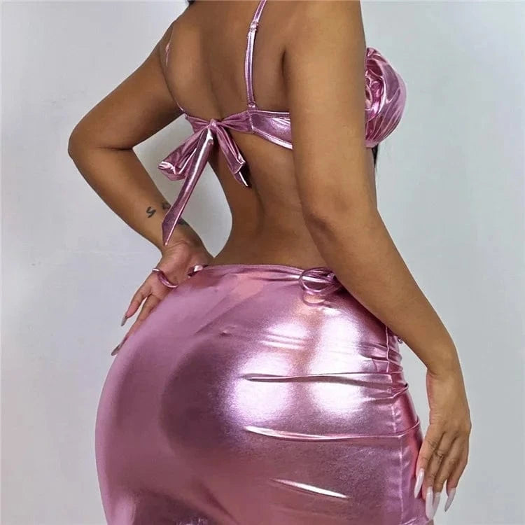 Pink Skirt PU Faux Leather Bikinis Sets Women Sexy Pleated Push Up Cover Up 3 Piece Swimsuit 2024 Summer Bathing Suit