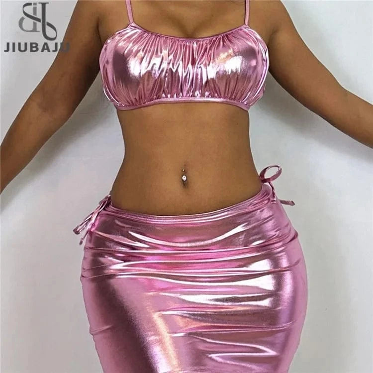 Pink Skirt PU Faux Leather Bikinis Sets Women Sexy Pleated Push Up Cover Up 3 Piece Swimsuit 2024 Summer Bathing Suit