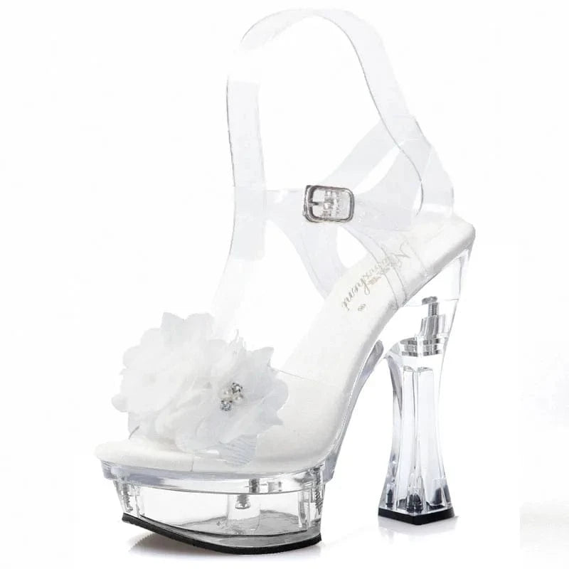 Pink thick heel transparent crystal 14cm pole dance high heels Club women's large leaky toe platform High Heels Sandals