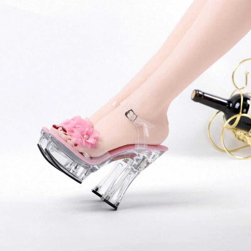 Pink thick heel transparent crystal 14cm pole dance high heels Club women's large leaky toe platform High Heels Sandals