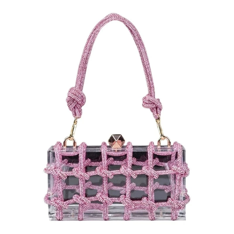 Pink Transparent Wedding Party Handbags for Women Luxury Clear Acrylic Box Purse Woven Knotted Rhinestone Clutch Bag Evening Bags