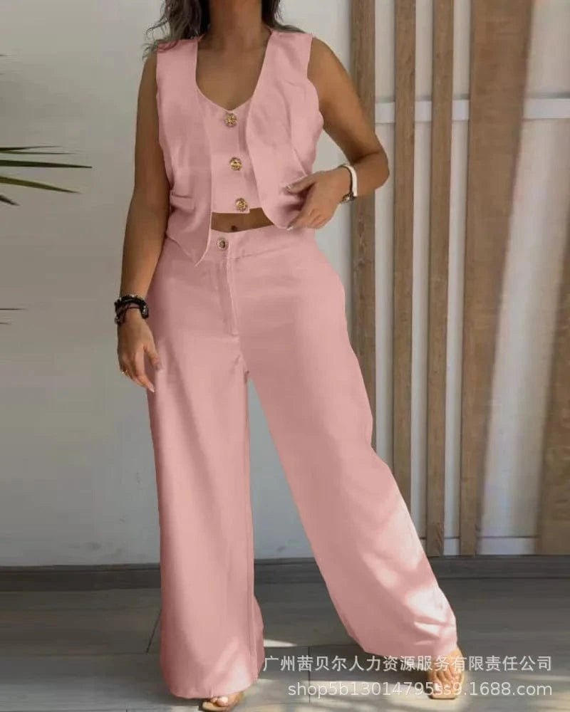 Pink / XL Women New 2 Pieces Outfits Metal Button Decor V Neck Sleeveless Tank Top and Casual Plain Loose Fit Pants Set