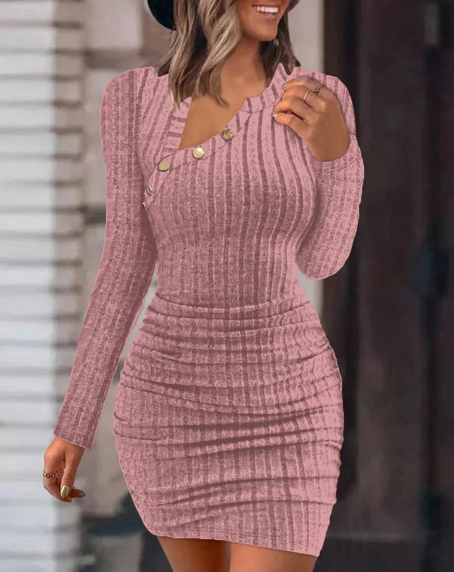 Pink / XXL Button Crewneck Bodycon Dresses for Women Solid Color Ribbed Mini Wrap Dress Slim Fit Ruched Knitted Sweaters Dress
