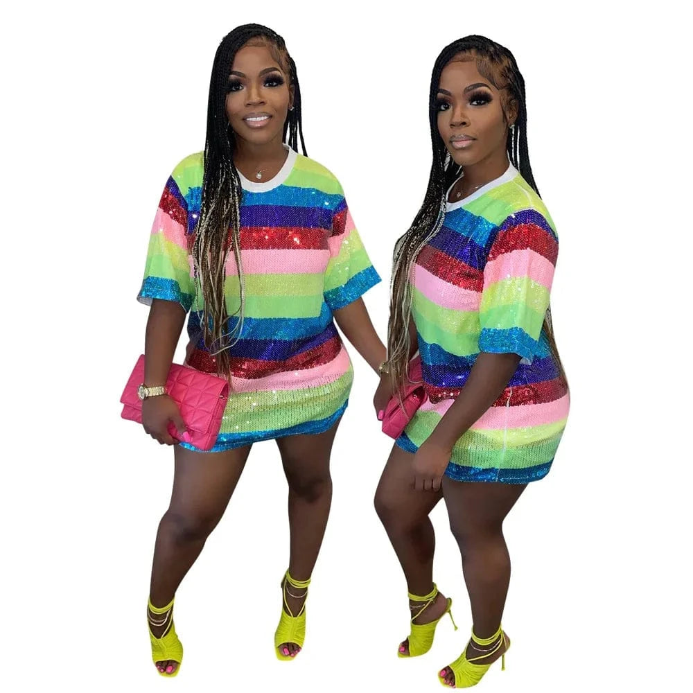 Pink / XXL Women O Neck Loose Mini Dress Shirt Fashion Casual Sequined Printed Long Sleeve Party Club Dress