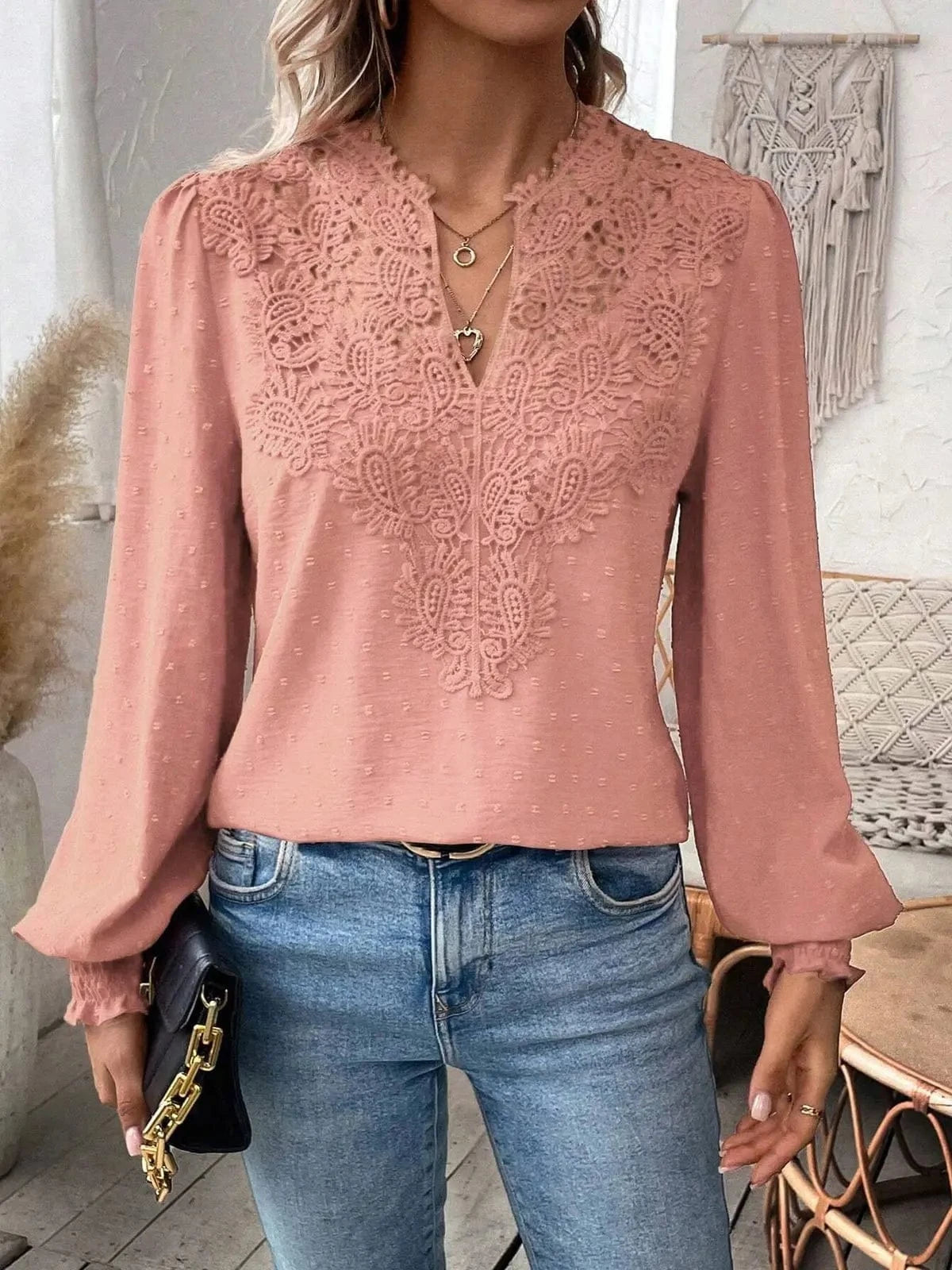 Pink / XXL Womens Long Sleeve Sweaters Fall 2024 Trendy Sexy Lace V Neck Puff Sleeve Pullover Sweater Cute Tops
