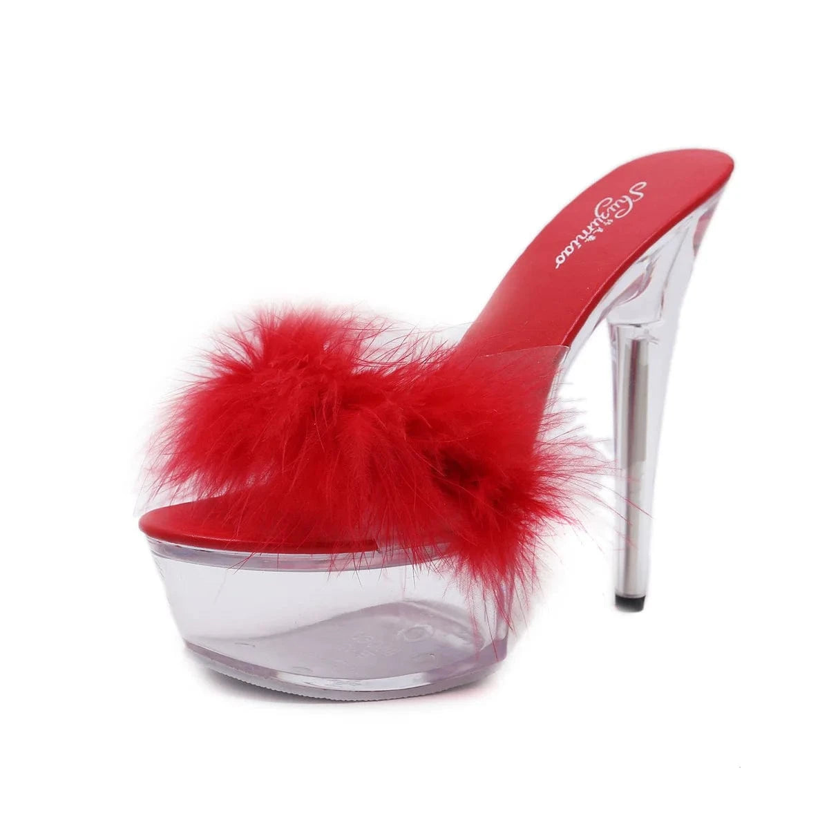 Platform Sandale Femme Glass Bottom Open Toe Furry High Heel Shoes Mules Slippers for Women