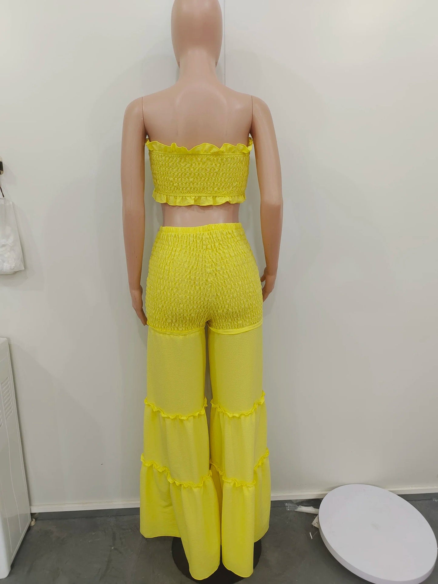 Pleated Set 2 Piece Woman Outfits Summer Solid Color Boho Flared Pants Set Tube Top Two Piece Smocked Wide Leg Pants Set