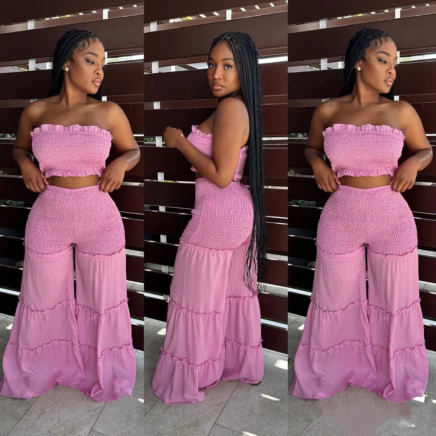 Pleated Set 2 Piece Woman Outfits Summer Solid Color Boho Flared Pants Set Tube Top Two Piece Smocked Wide Leg Pants Set