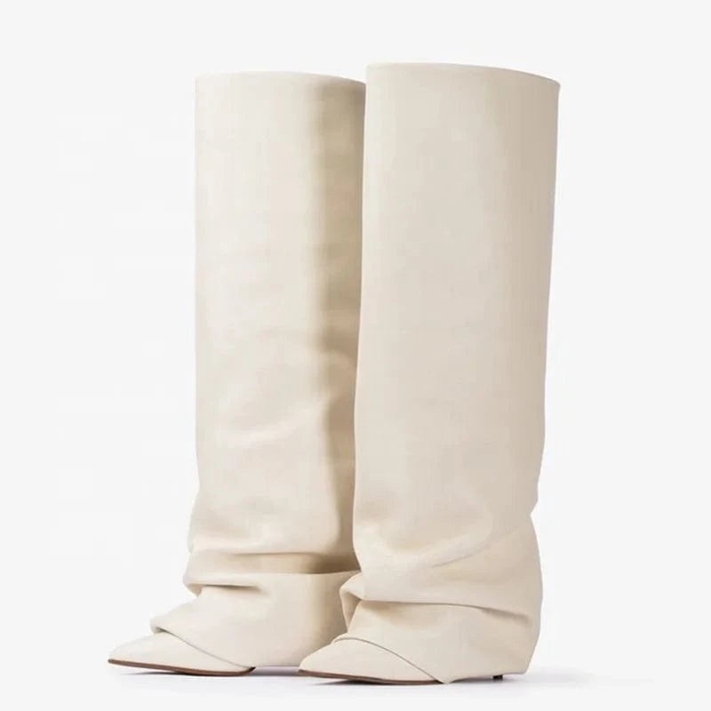 Pleated Upper Thin High Heel Pointed Toe Overlay Shoes Dress Stiletto Pants Boots Women's Folded Over Knee High Booties