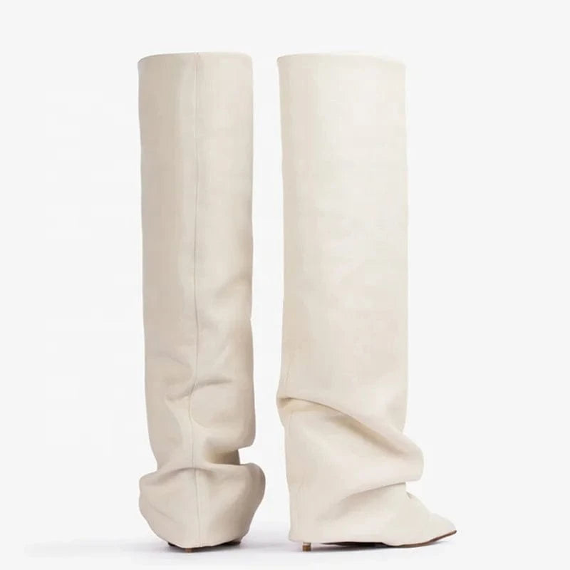 Pleated Upper Thin High Heel Pointed Toe Overlay Shoes Dress Stiletto Pants Boots Women's Folded Over Knee High Booties