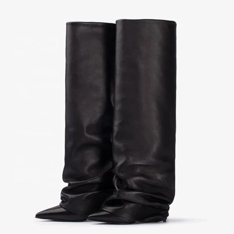 Pleated Upper Thin High Heel Pointed Toe Overlay Shoes Dress Stiletto Pants Boots Women's Folded Over Knee High Booties