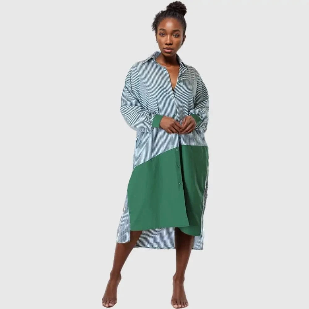 pls contact us to get better price / Green C1002TA37 Stylish Design Casual Contrast Color Striped Print Irregular Shirt Dress Women Sehe Fashion